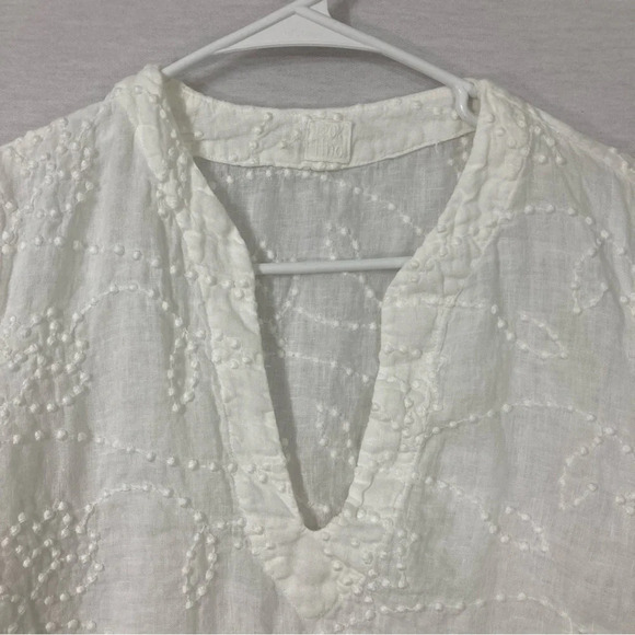 120% Lino White Y Neck Linen Side Slit Embroidered Dot Blouse size US 10 - Picture 3 of 12